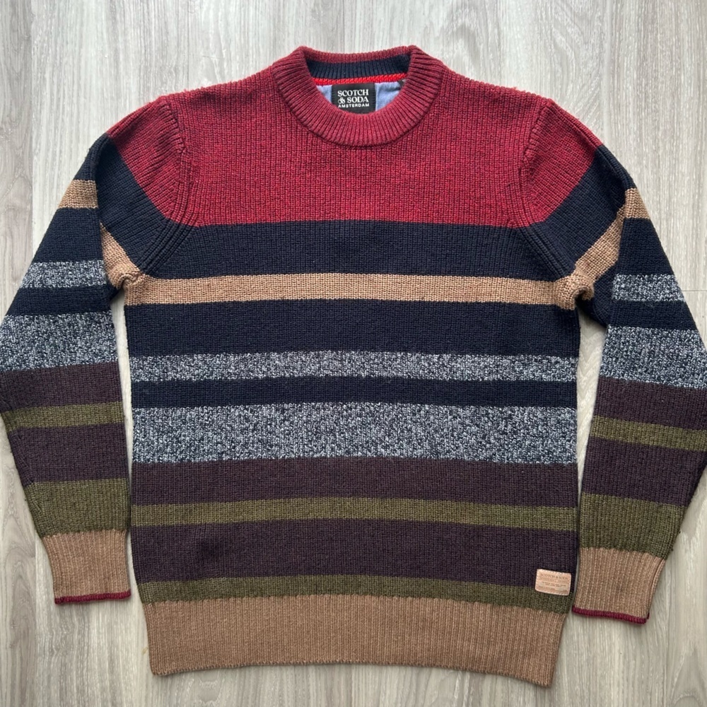 Scotch & Soda | Men's Crewneck Striped Sweater in Red, Navy, Brown, Olive (M)